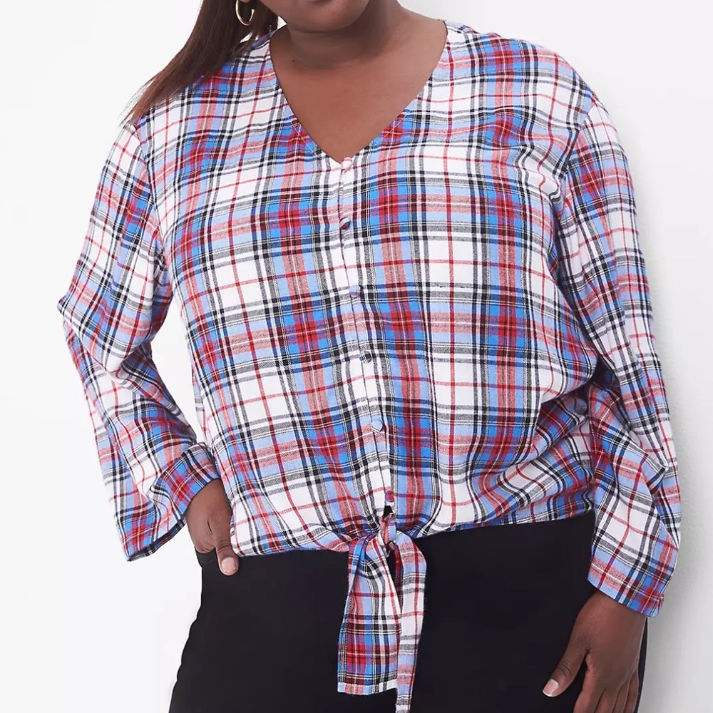 Lane Bryant Classic Button Down Tie Hem Top Plaid 20